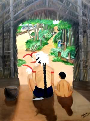 A tela mostra os índios assistindo ao desmatamento de suas terras